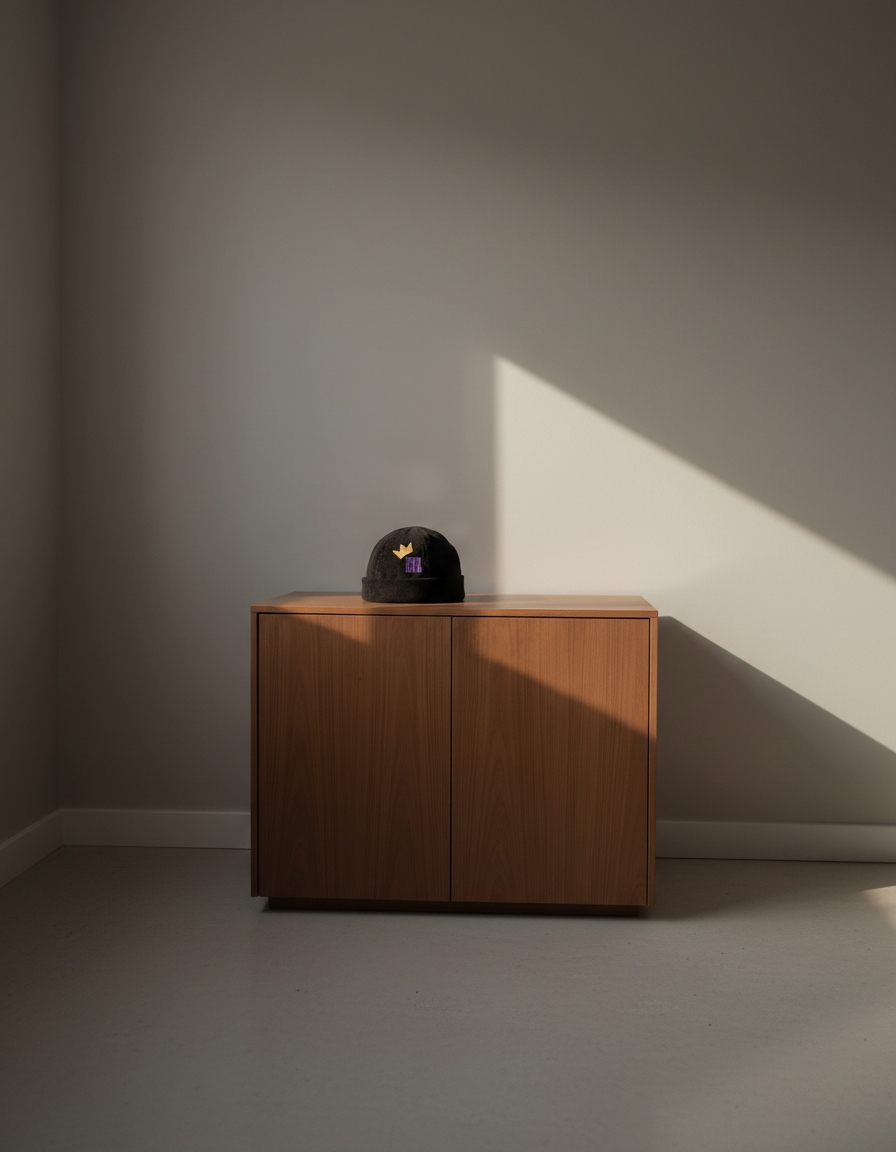 MAKETH beanie on wooden cabinet